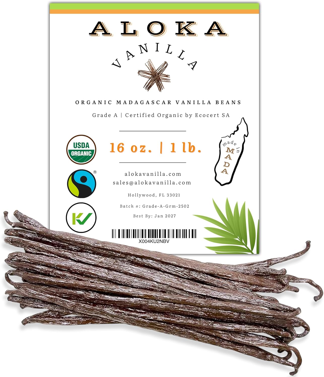 16oz (1 Pound) Count Organic Madagascar Vanilla Beans – Grade A Bourbon Pods | Gourmet Whole Vanilla Beans for Baking, Cooking, Extract Making | Rich Aroma, Premium Flavor, Non-GMO, Vegan