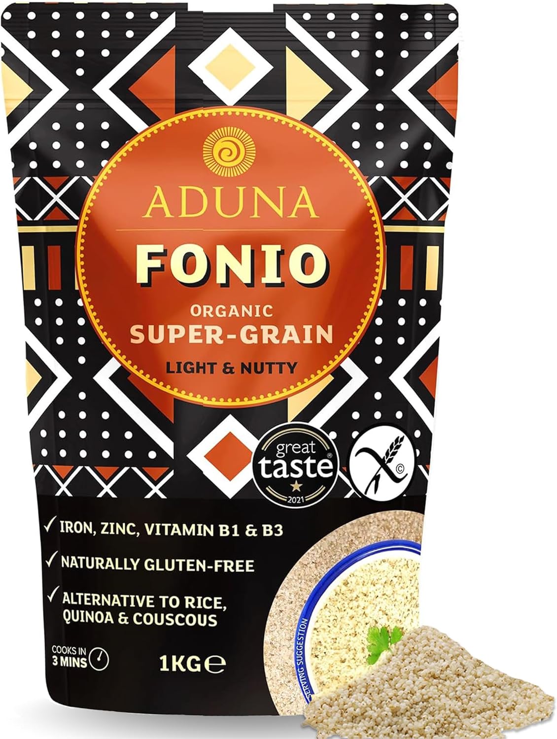 Aduna Organic Fonio Supergrain | Ancient African Whole Grain Rich in Iron, Zinc, B Vitamins & Fiber | Natural Gluten-Free Rice, Quinoa & Couscous Alternative | Porridge, Salads, & Stir-Fries | 1kg