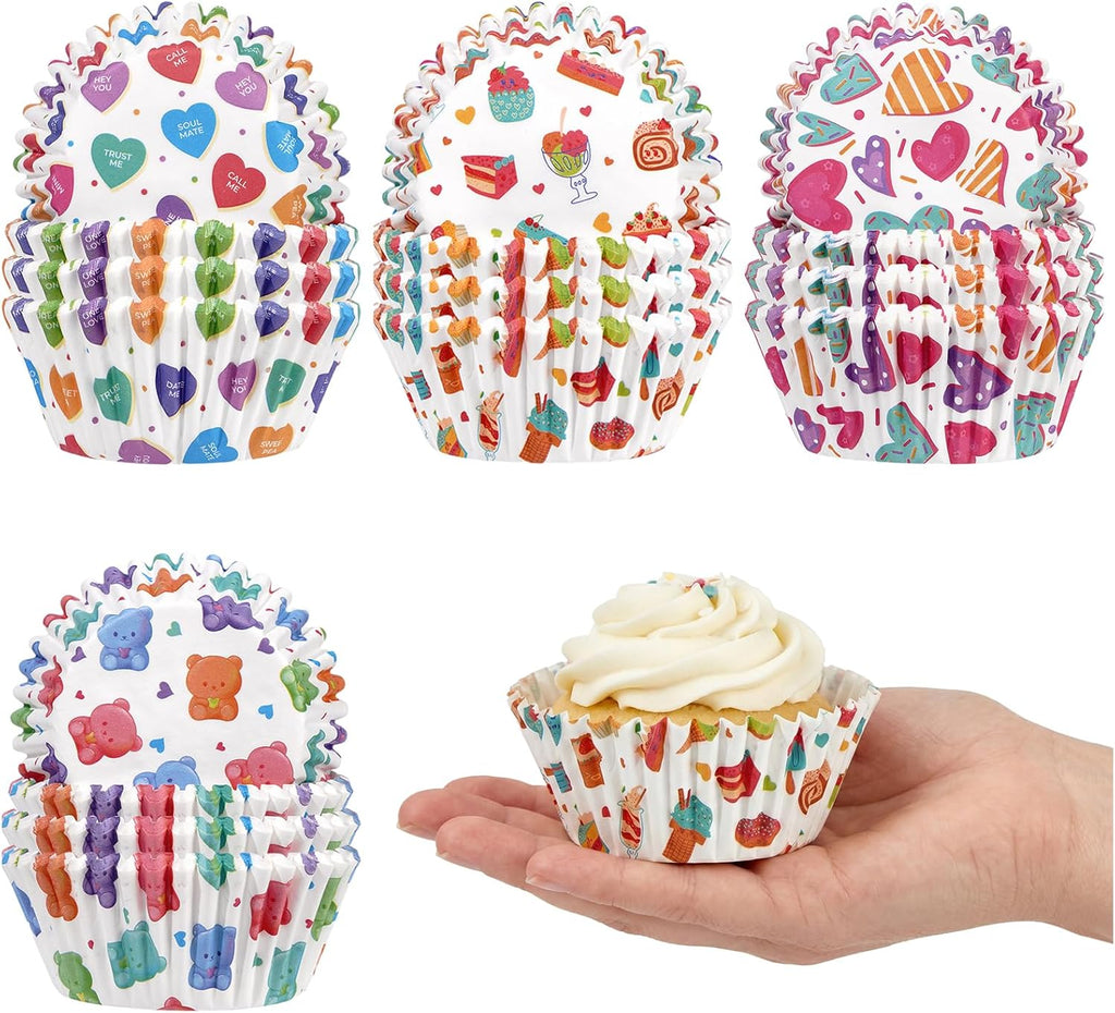 200 Pcs Cute Cupcake Liners, Colorful Heart & Candy Baking Cups, Standard Sweet Love Muffin Liners for Kids Adults Birthday Party, Classroom Treats, Baby Shower