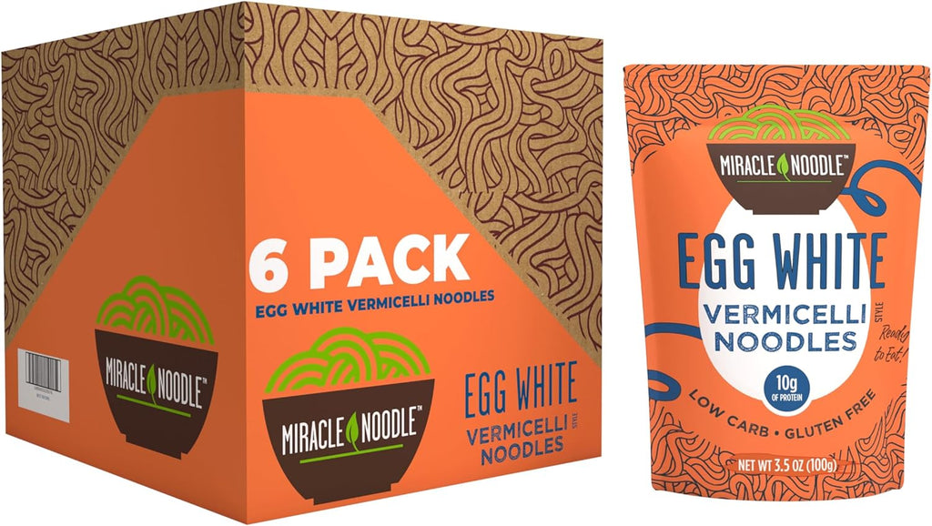 Miracle Noodle Egg White Vermicelli Angel Hair Pasta, 3.5 Oz (Pack of 6), Ready to Eat Egg White Noodles, 10g Protein, 45 Calories, 1g Net Carbs Per Serving, High Protein, Keto, Gluten-Free