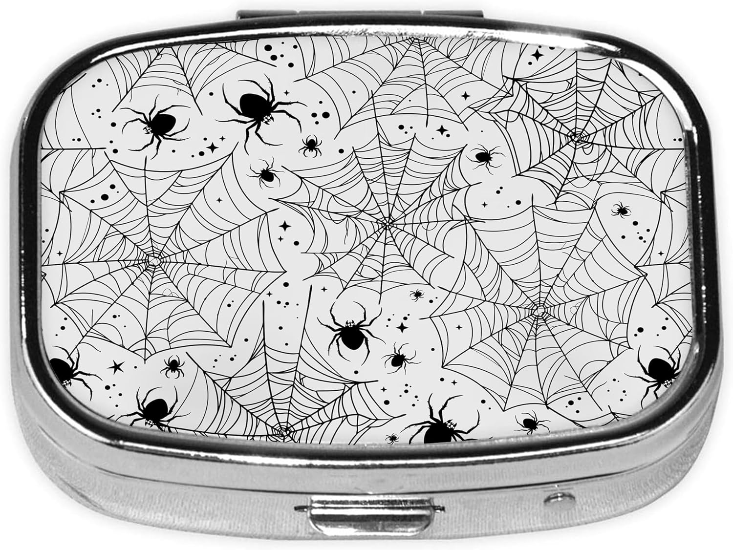 Pill Box-2 Compartment Small Pill Case Square Organizer Case with Mirror Portable Metal Medicine Box Travel Container for Pocket & Purse Women Men(Spider Web)
