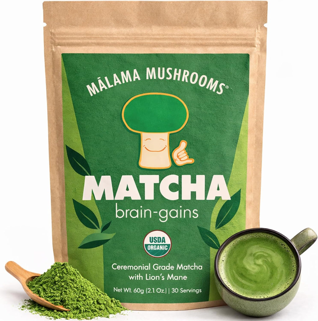 Malama Ceremonial Grade Matcha Powder - Premium Japanese Matcha Green Tea Powder with Organic Lion’s Mane Extract - Organic, Gluten-Free, Vegan, & Unsweetened (2.1 oz) for Energy & Focus
