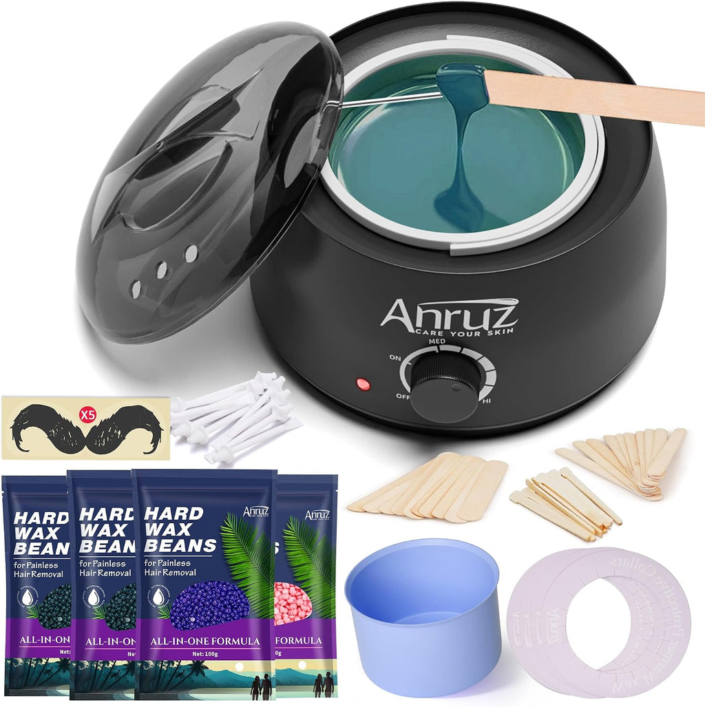 Waxing Kit for Women Men - Wax Kit for Hair Removal with Silicone Bowl,4 Bags Hard Waxing Beads and 30 Sticks - at Home Use Wax Warmer for Full Body, Bikini, Eyebrow, Face, Sensitive Skin