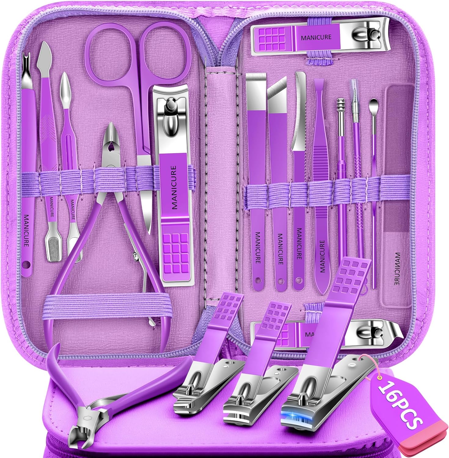 Manicure Set 16Pcs Professional Stainless Steel Pedicure Kit Mens Grooming Kit Fingernail & Toenail Clippers Set Manicure Kit with Luxurious Travel Bag, Sharp Nail Scissors and Clipper (Purple)