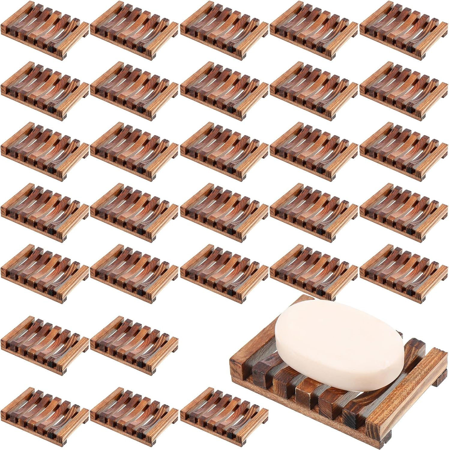 Skylety 50 Pieces Wooden Shower Soap Dish Bulk Soap Holder Savers Draining Tray Case Stand for Bathroom Kitchen Travel Sponge Shampoo Sink, 4.5 x 3.1 x 0.9 Inches (Brown Color)