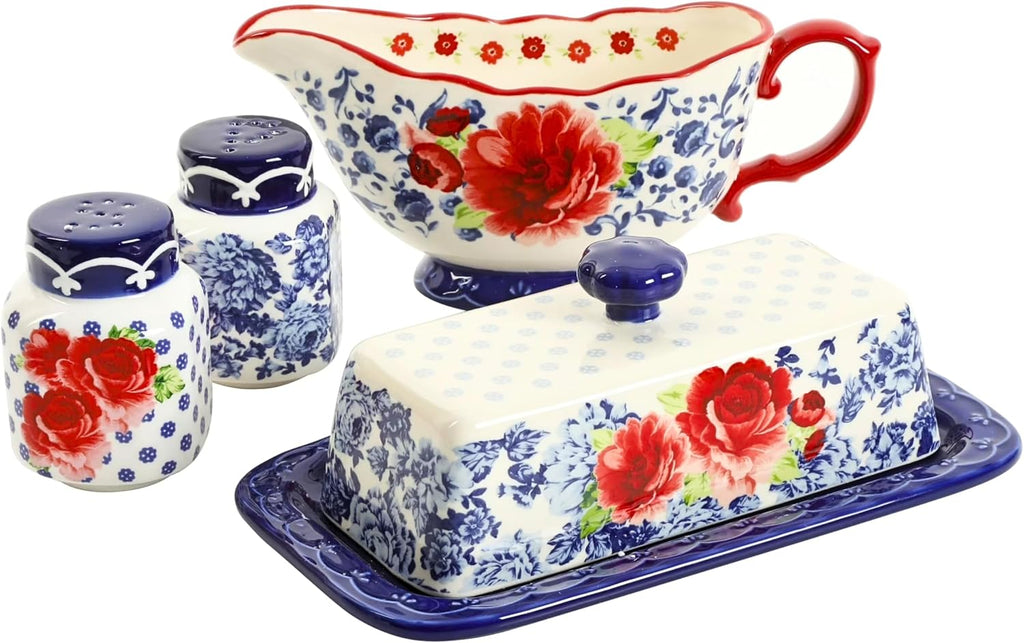 The Pioneer Woman Frontier Rose Butter Dish with Lid, Salt and Pepper Shaker Set and Gravy Boat, 5 Piece Set