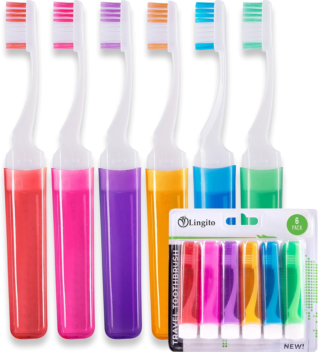 Lingito Mini Toothbrush with Cover - Camping & Travel Size, Adult Kit (6 Pack)