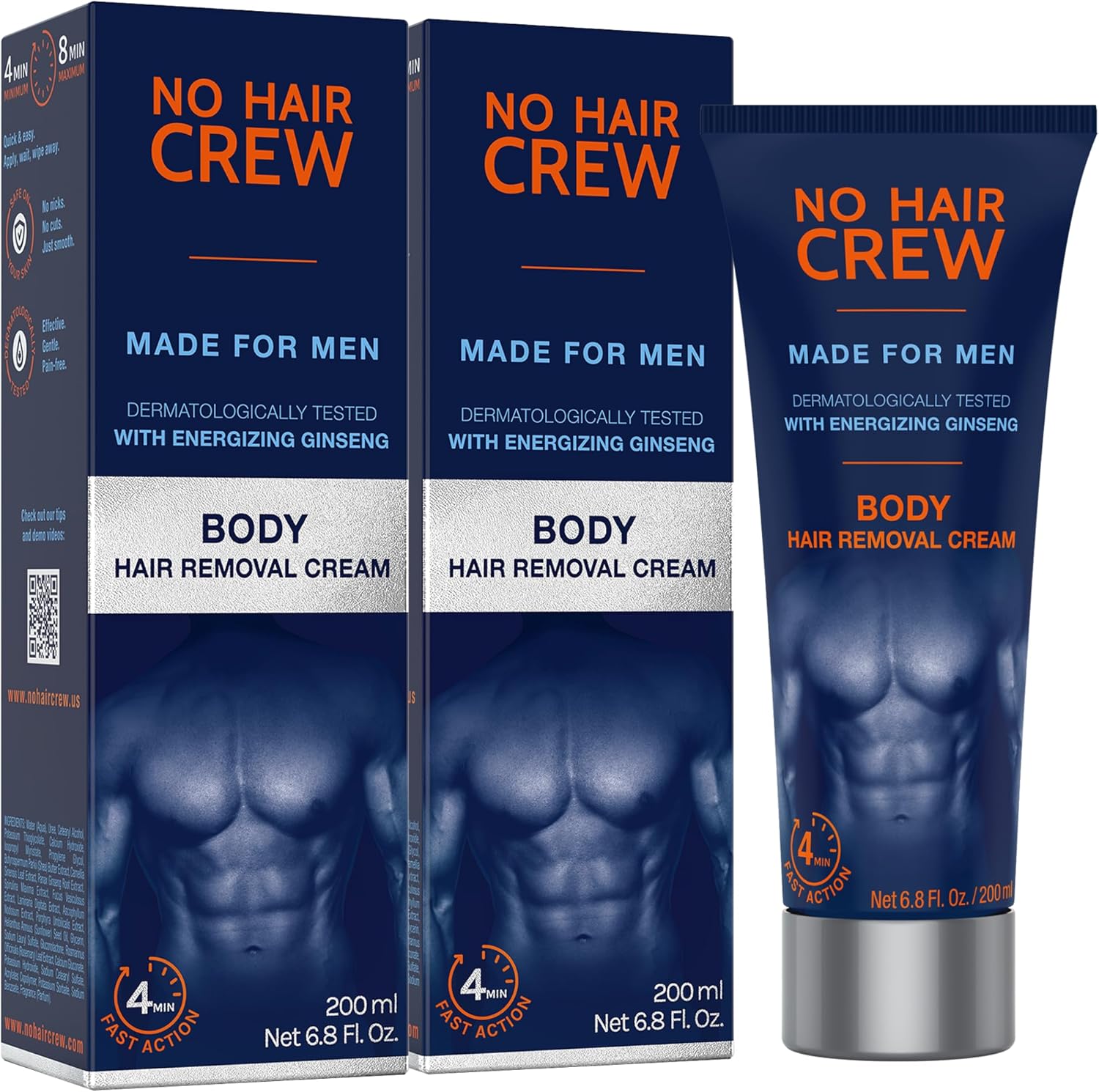 No Hair Crew Body At Home Hair Removal Cream for Manscaping Unwanted Hair with Energizing Ginseng, Premium Depilatory, Painless & Flawless, Made for Men, 200ml (2 Pack)