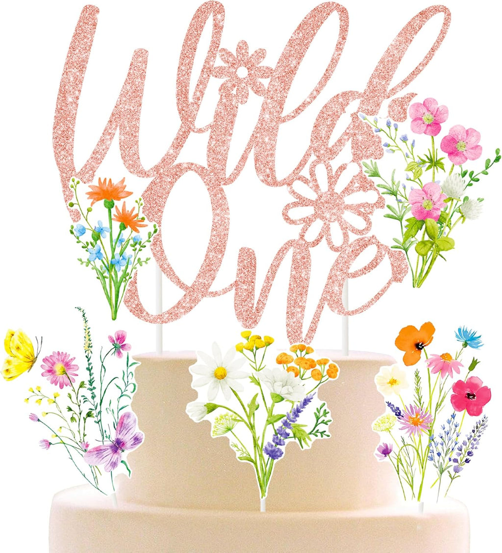 Wild One Flower Cake Topper 4Pcs Wildflower Birthday Cake Decorations Wildflower Theme 1st Birthday Decoration Wild One Cupcake Cake Picks for First Baby Shower Supplies