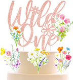 Wild One Flower Cake Topper 4Pcs Wildflower Birthday Cake Decorations Wildflower Theme 1st Birthday Decoration Wild One Cupcake Cake Picks for First Baby Shower Supplies