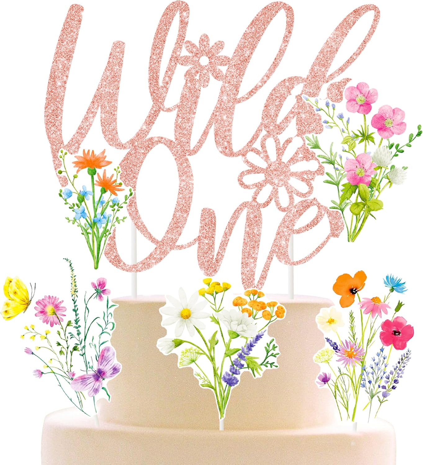 Wild One Flower Cake Topper 4Pcs Wildflower Birthday Cake Decorations Wildflower Theme 1st Birthday Decoration Wild One Cupcake Cake Picks for First Baby Shower Supplies
