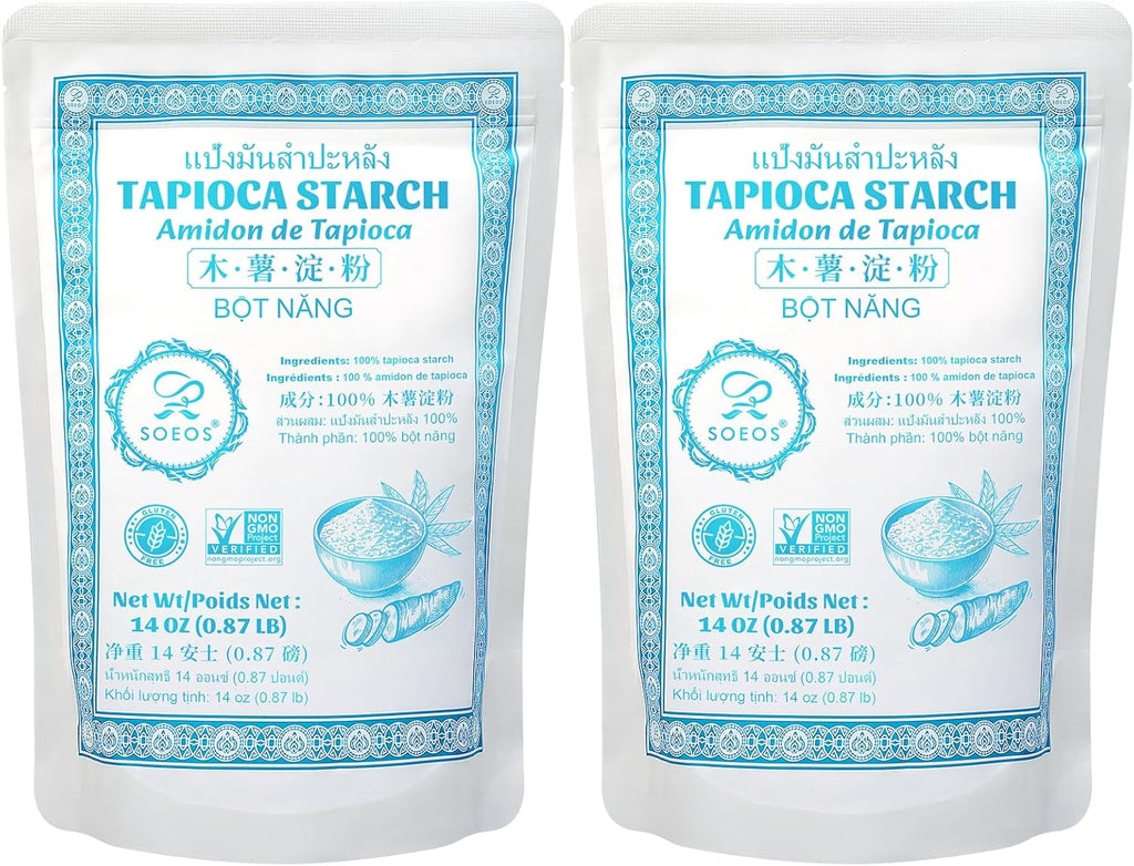 Soeos Tapioca Flour Starch, 14 Ounce (Pack of 2), All Natural Tapioca Starch for Baking, Cooking & Boba Pearls, Thickens and Enhances Texture, Vegan, Gluten Free