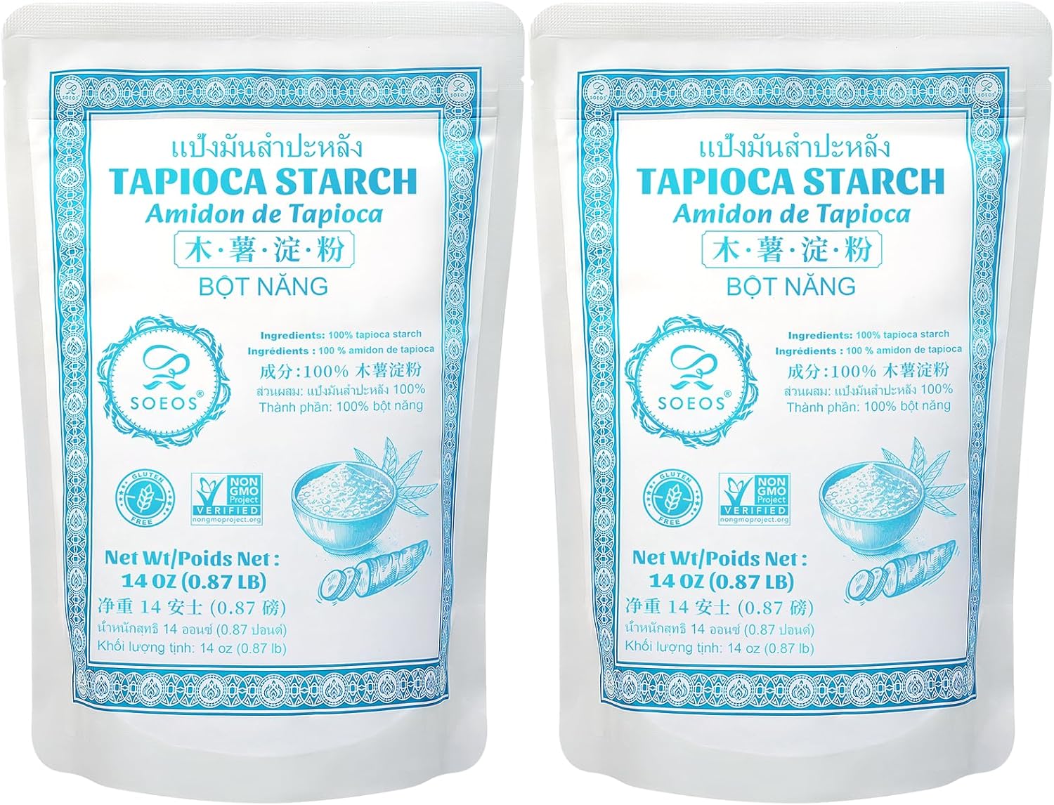 Soeos Tapioca Flour Starch, 14 Ounce (Pack of 2), All Natural Tapioca Starch for Baking, Cooking & Boba Pearls, Thickens and Enhances Texture, Vegan, Gluten Free