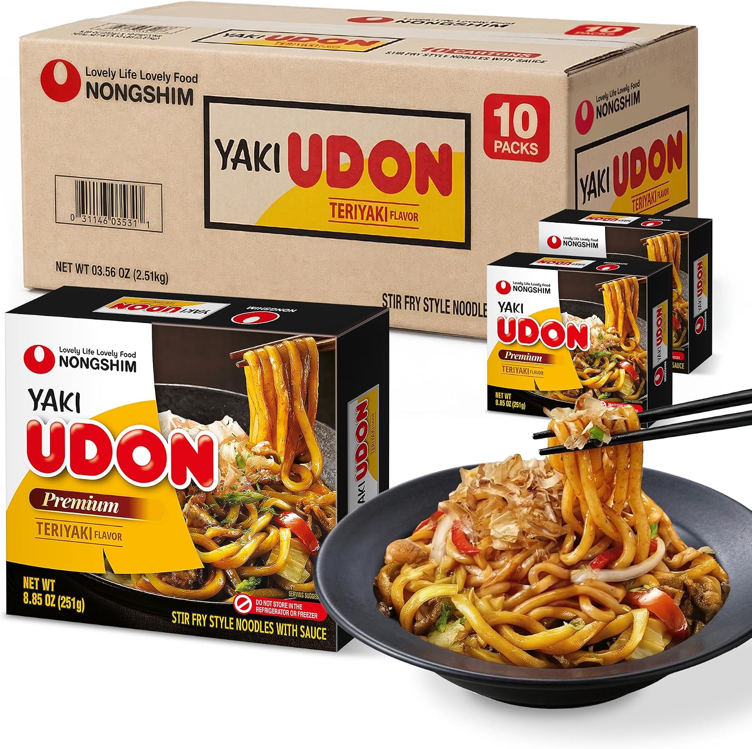 Nongshim Yaki Udon Teriyaki Flavor, Stir Fry Style Japanese Noodles with Sauce, Non-Fried Fresh Noodles, Rich Bonito Taste, Chewy Texture, 8.85 oz (Pack of 10)