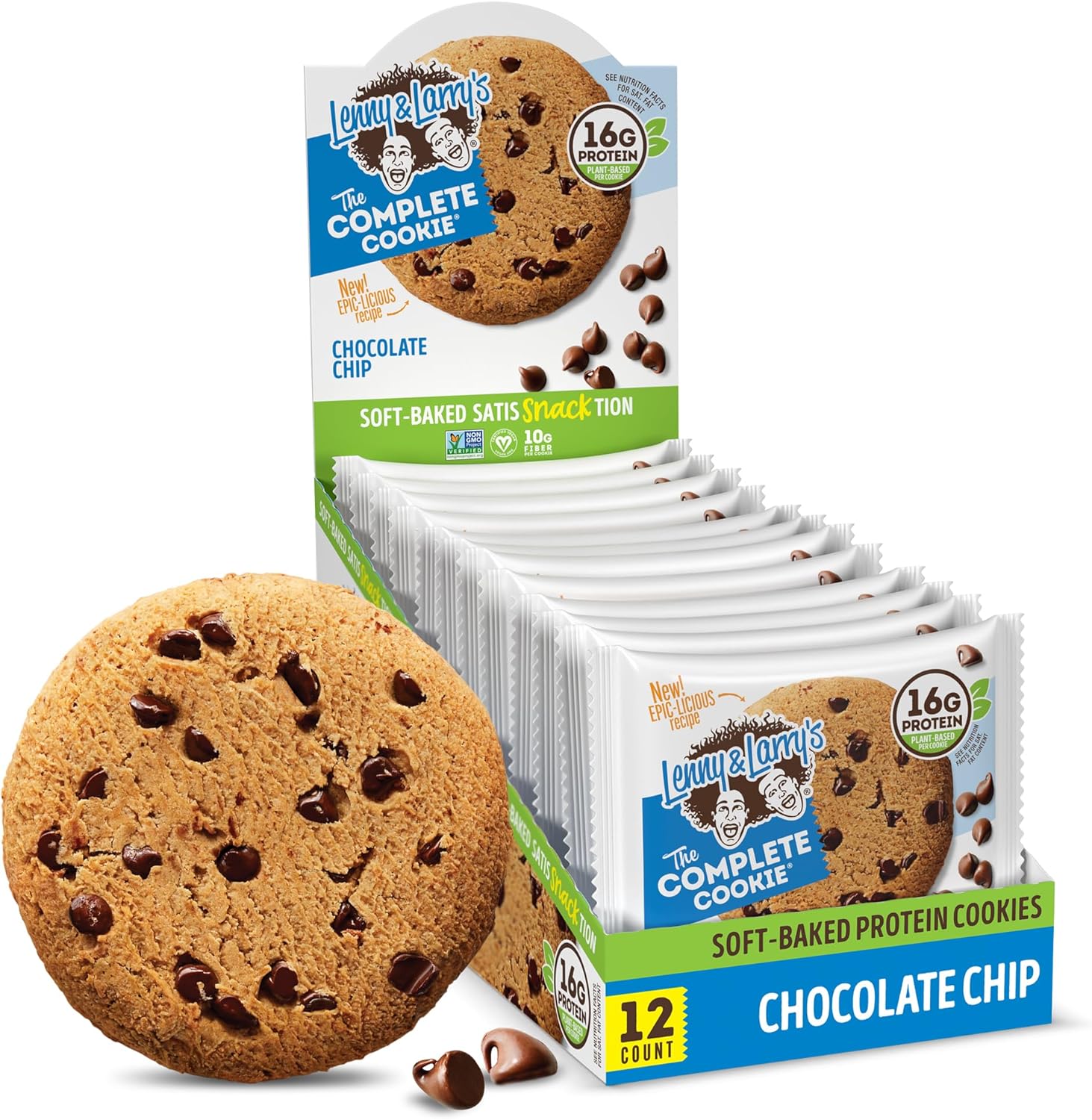 Lenny & Larry's Complete Protein Cookie, [Chocolate Chip], Chewy Soft Baked, 16g Plant Protein, Vegan, Non-GMO, High Fiber, 4 Ounce Cookie (Pack of 12)