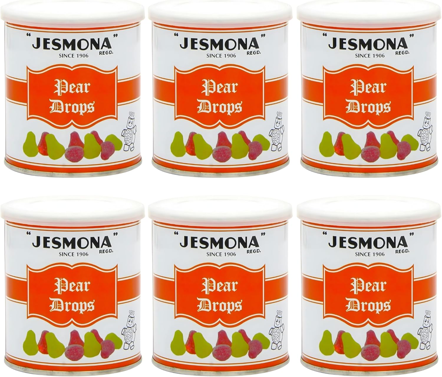 Jesmona Pear Drops - British Hard Candy 250g / 8.8 Oz (Pack of 6) Gift Tin | Mini Pear Flavored Boiled Sweet | Traditional Old Fashioned Retro English Sweets | Imported Confectionery from England, UK
