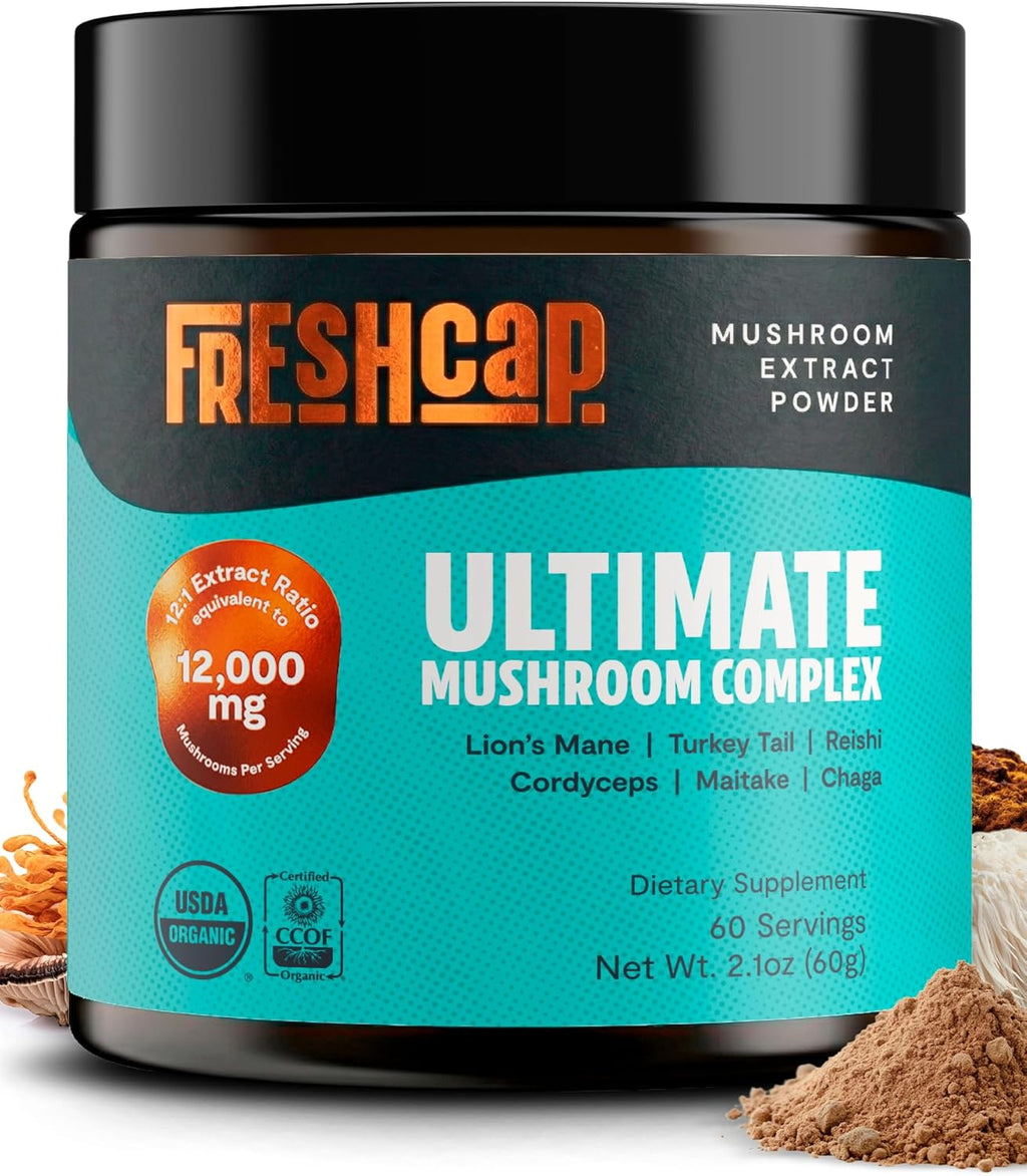 FreshCap Mushrooms Ultimate Mushroom Complex – Mushroom Powder 12:1 Fruiting Body Extract with 29% Beta-Glucans – Ayurveda Clean Energy, No Jitters, Focus & Immune Support (60 Servings)