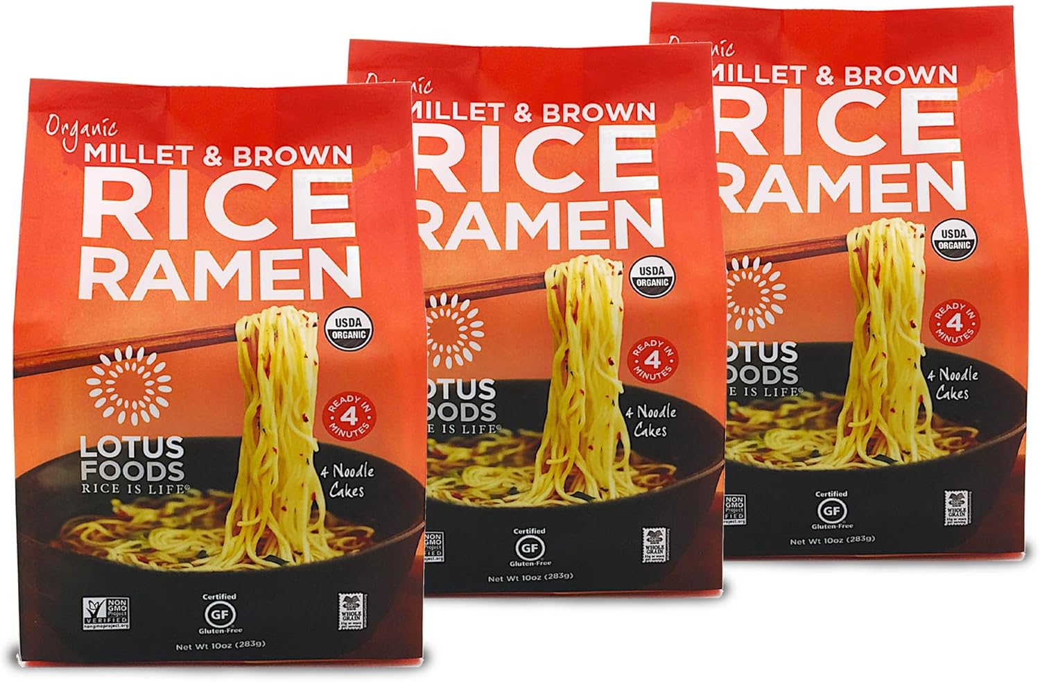 Lotus Foods Organic Millet and Brown Rice Ramen Noodles - Gluten Free Instant Ramen Noodles, Vegan, Low Sodium, Made with Brown Rice Flour and Millet Flour- 10 Oz Bag (Pack of 1)