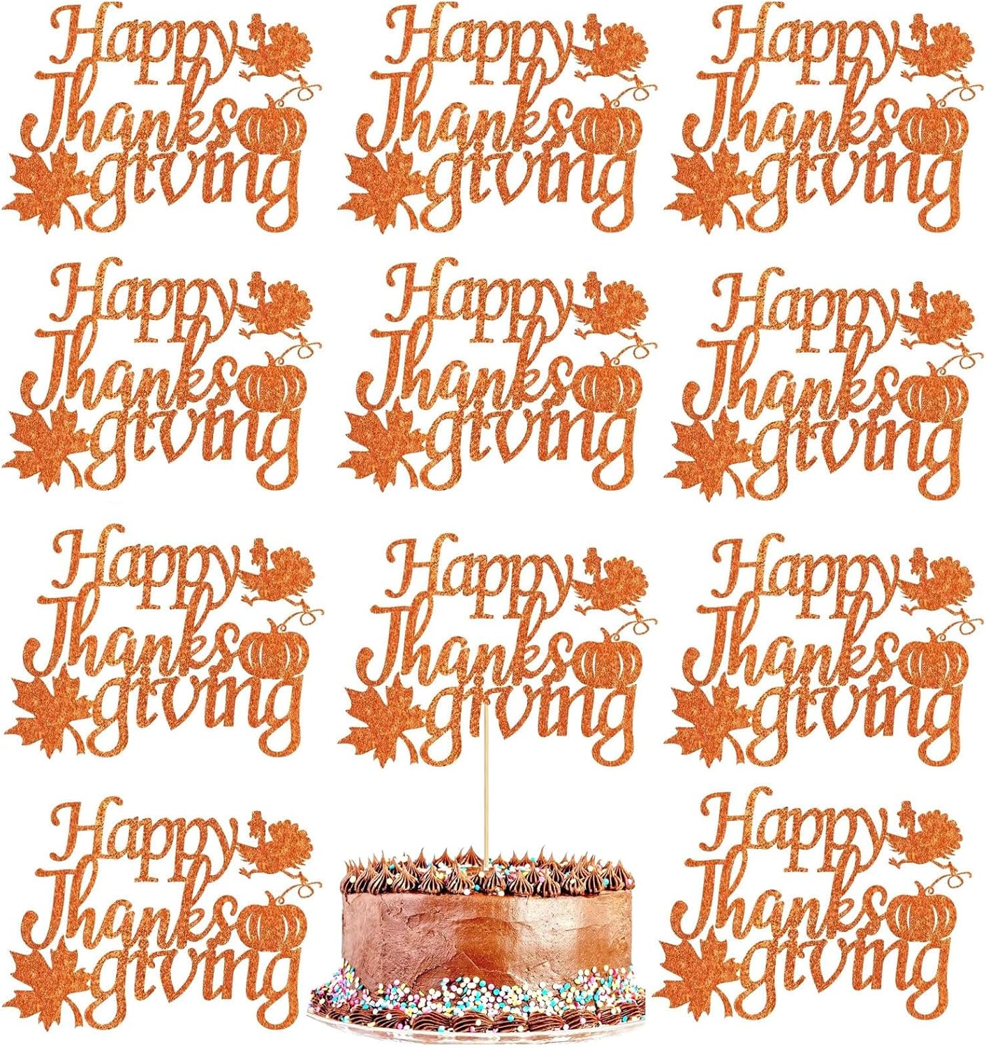 10Pcs Thanksgiving Cake Toppers, Pumpkin Turkey Fall Theme Cupcake Decorations, Happy Thanksgiving Day Glitter Party Supplies for Table Decor, DIY Baking Decoration Harvest Festival Dessert Decor