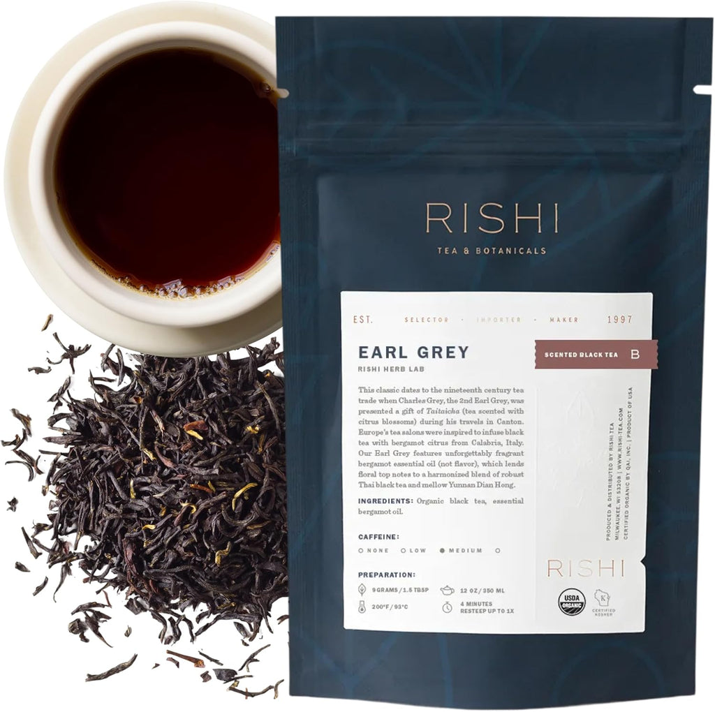 Rishi Tea Earl Grey Tea - Organic Loose Leaf Pure Black Tea with Bergamot Oil, Energizing & Caffeinated - 4 Ounces, 12+ Servings