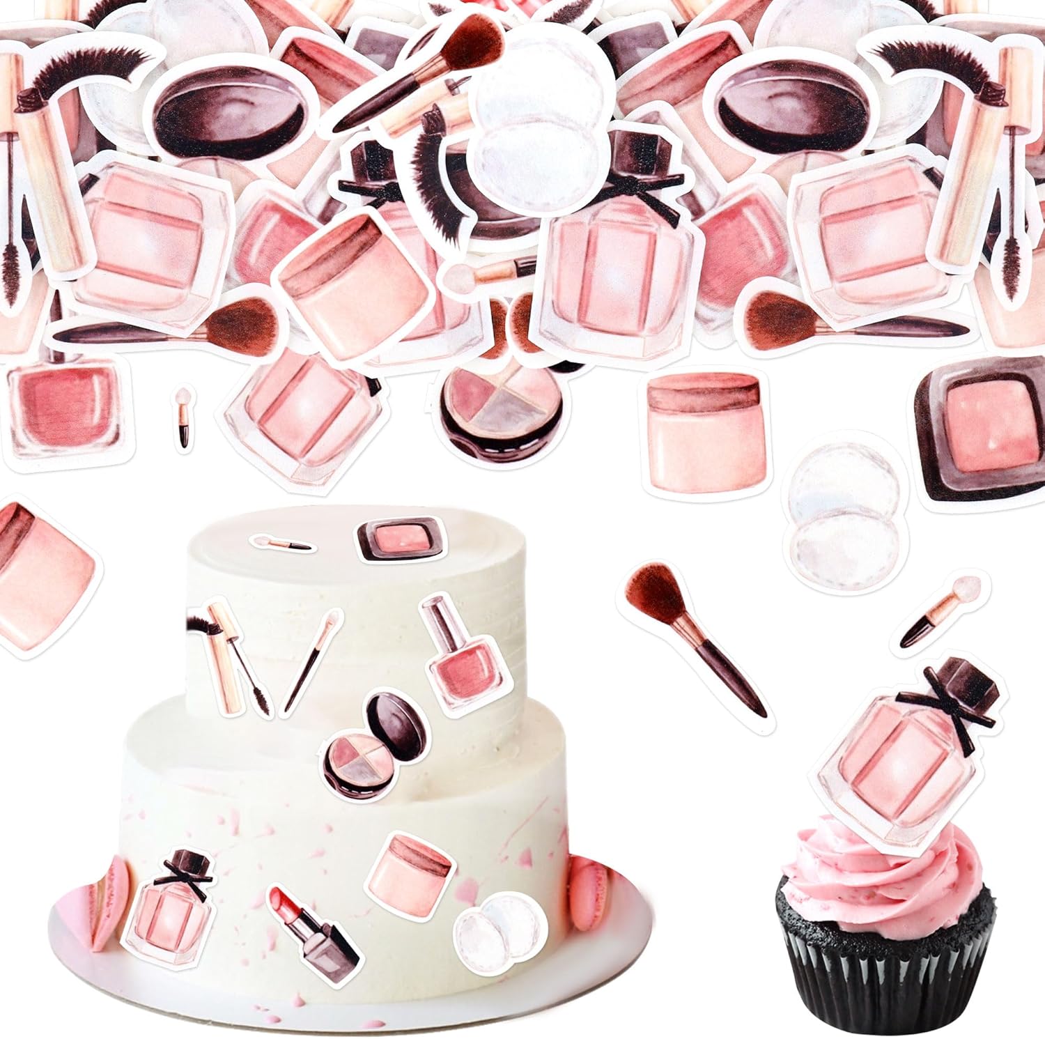 Ercadio 44 Pack Edible Make up Cupcake Toppers Picks for Cosmetics Lipstick Perfume Bottle Cake Drink Topper Decor for Makeup Theme Bridal Shower Bachelorette Birthday Party Decorations Supplies