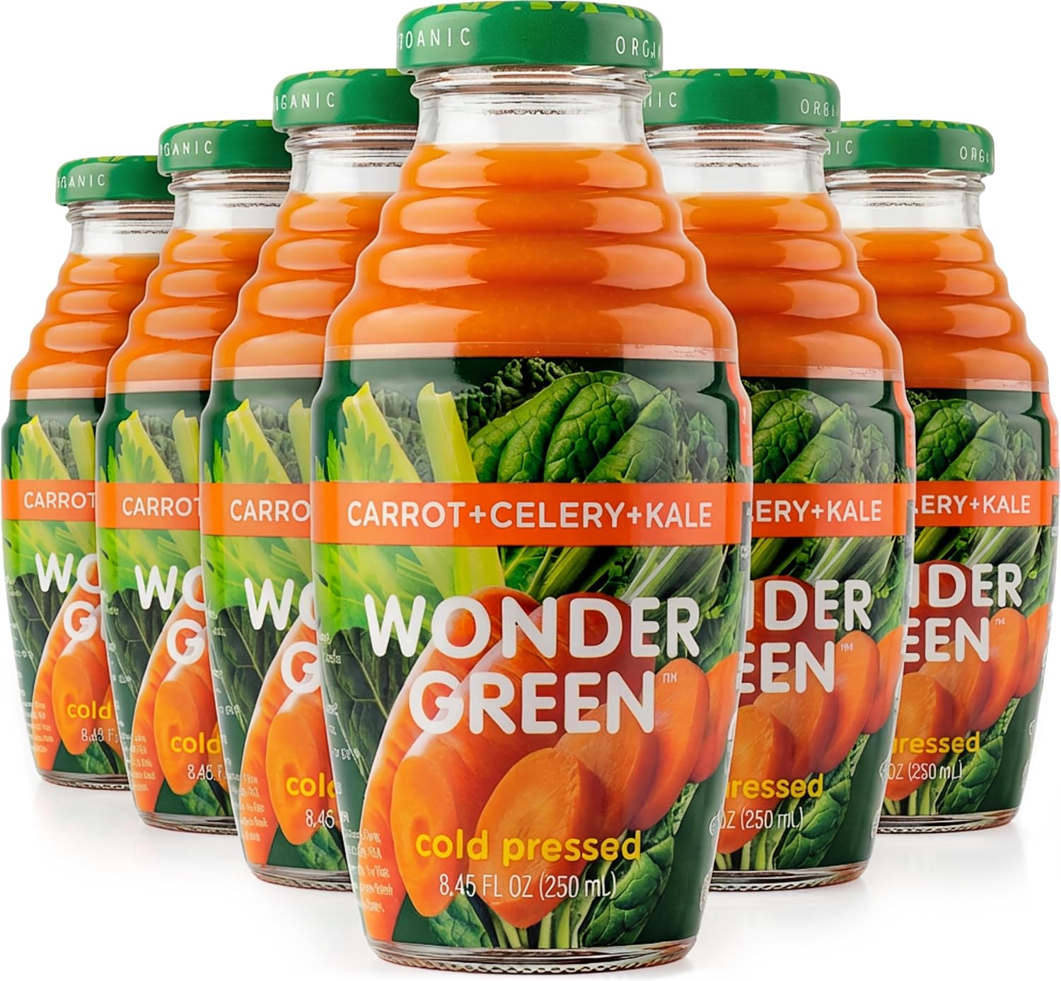 Wonder Green 100% Organic Carrot, Celery & Kale Cold Pressed Juice, 8.45 oz (6 Pack) | Vegetable Juice Blend, All Natural, No Additives or Preservatives, Not from Concentrate