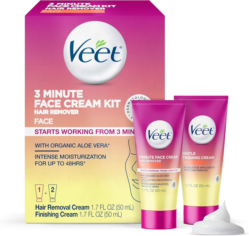Veet 3 Minute Facial Hair Removal Cream for Women, Depilatory Cream with Organic Aloe Vera, 2 Piece Women's Facial Hair Remover Kit, 1.7 Fl Oz Hair Removal Cream + 1.7 Fl Oz Finishing Cream