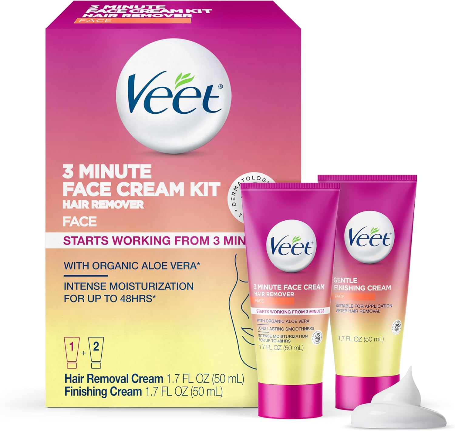 Veet 3 Minute Facial Hair Removal Cream for Women, Depilatory Cream with Organic Aloe Vera, 2 Piece Women's Facial Hair Remover Kit, 1.7 Fl Oz Hair Removal Cream + 1.7 Fl Oz Finishing Cream