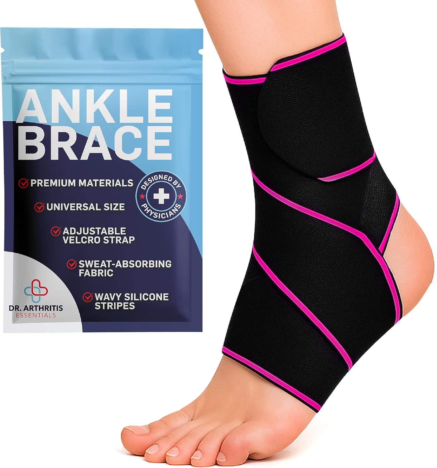 Dr. Arthritis Essentials Ankle Brace Support, Stabilizing Wrap for Sprains, Tendonitis, Achilles Injuries, Running, Basketball, Fits Left & Right Foot (Pink Single)