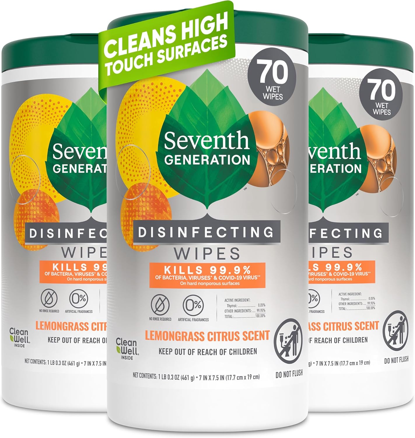 Seventh Generation Disinfecting Multi-Surface Wipes, Lemongrass Citrus, 70 Count, Pack of 3 (Packaging May Vary)