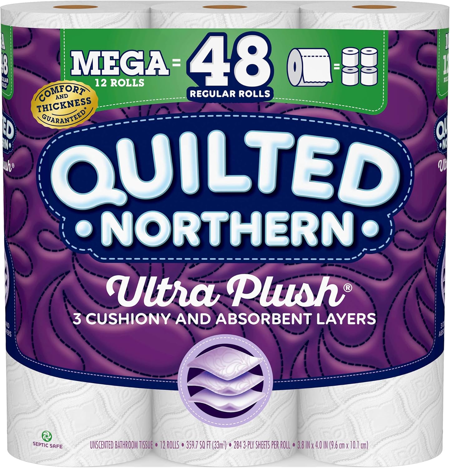 Quilted Northern Ultra Plush Toilet Paper, 12 Mega Rolls = 48 Regular Rolls, 3-Ply Bath Tissue