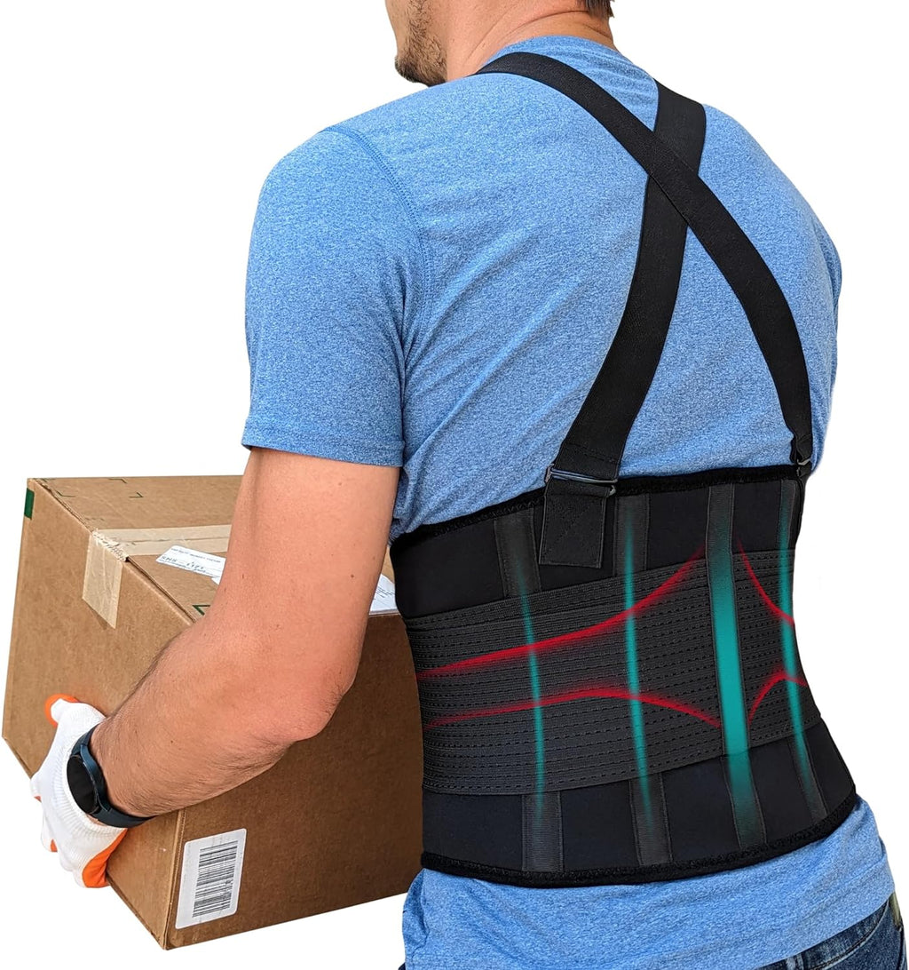 Back Brace for Men Lower Back Heavy Lifting with Suspenders, Back Support Belt for Work, Lower Back Brace with Lumbar Support for Back Pain Relief, Construction Warehouse Moving Belt, Size M