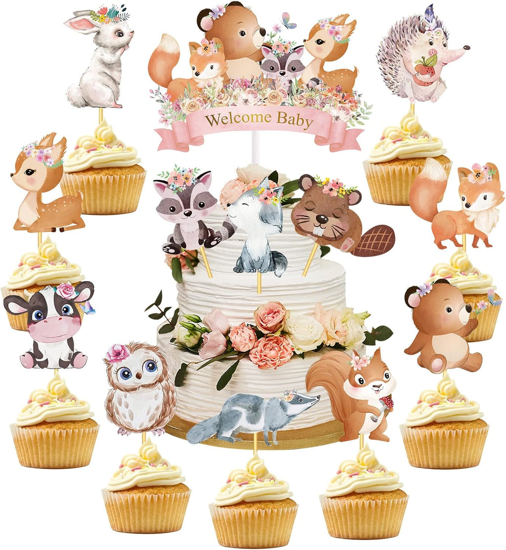 49 Pcs Woodland Cupcake Topper and Cake Topper Animal Floral Baby Shower Decorations Welcome Baby Deer Bear Creatures Theme Party Supplies for Baby Girls Boy Birthday