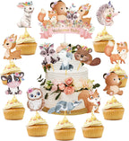 49 Pcs Woodland Cupcake Topper and Cake Topper Animal Floral Baby Shower Decorations Welcome Baby Deer Bear Creatures Theme Party Supplies for Baby Girls Boy Birthday