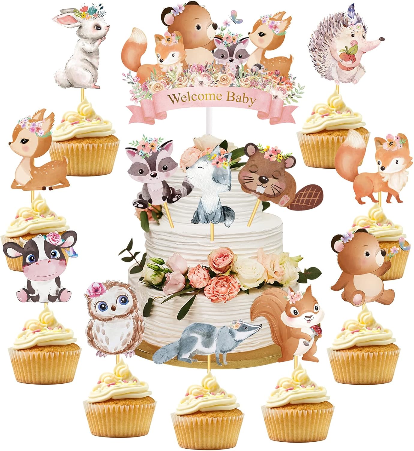 49 Pcs Woodland Cupcake Topper and Cake Topper Animal Floral Baby Shower Decorations Welcome Baby Deer Bear Creatures Theme Party Supplies for Baby Girls Boy Birthday