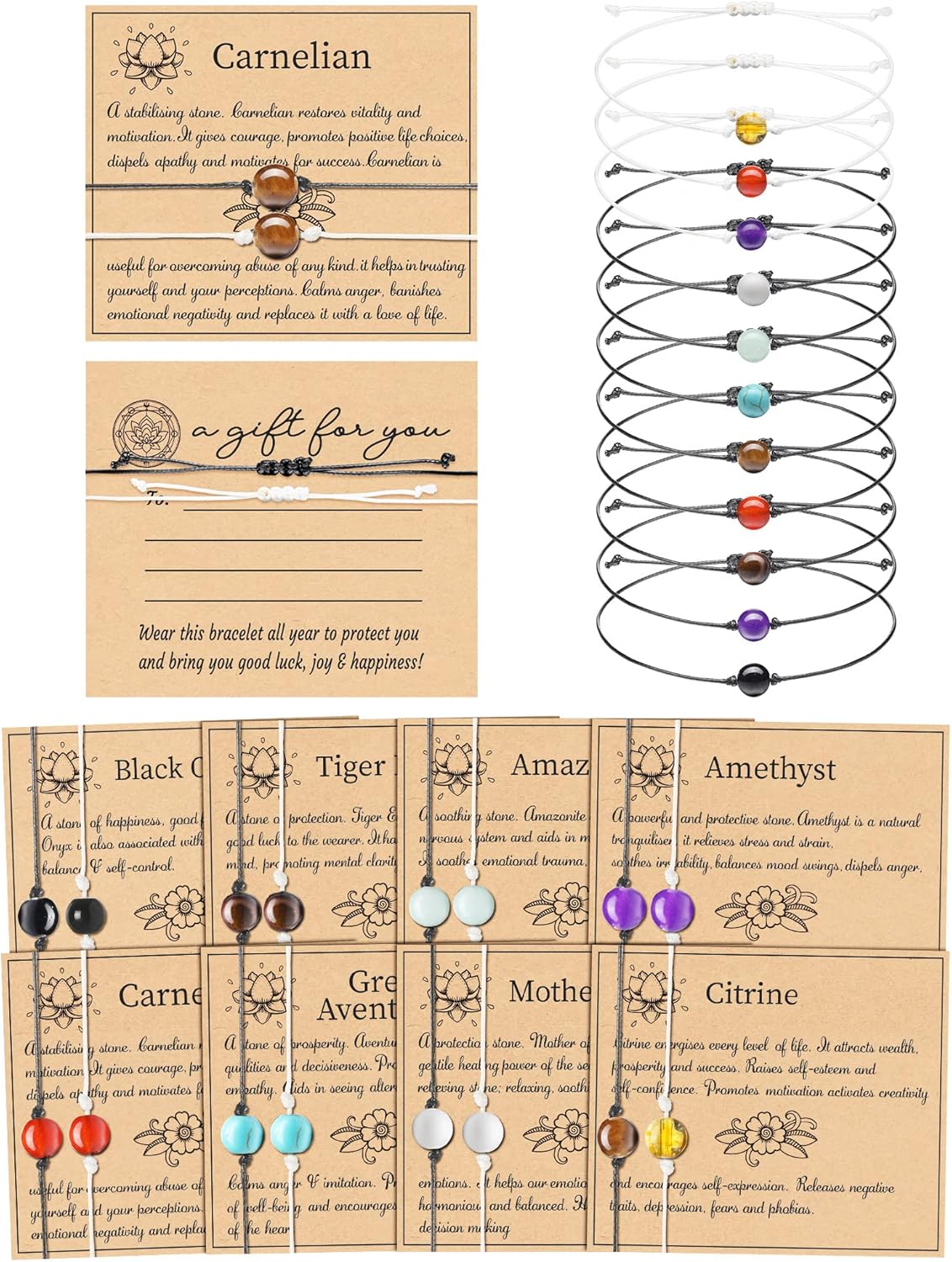 Yinkin 16 Pcs 8mm Crystal Bracelet Bulk with Wish Cards Set Adjustable Natural Gemstone Bracelet Bulk Friendship Bracelets Women Healing Crystal Stone Bracelets Braided Beaded Spiritual Jewelry Gifts