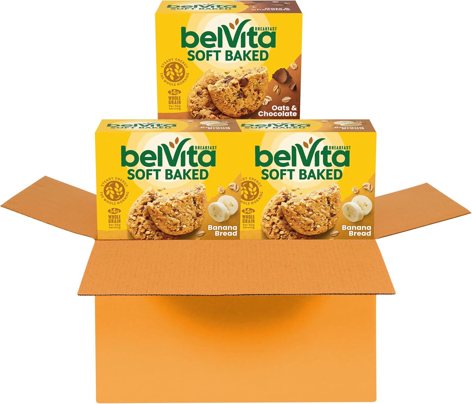 belVita Soft Baked Breakfast Bars Variety Pack, Banana Bread and Oats & Chocolate, 3 Boxes of 5 Packs (1 Biscuit Per Pack)