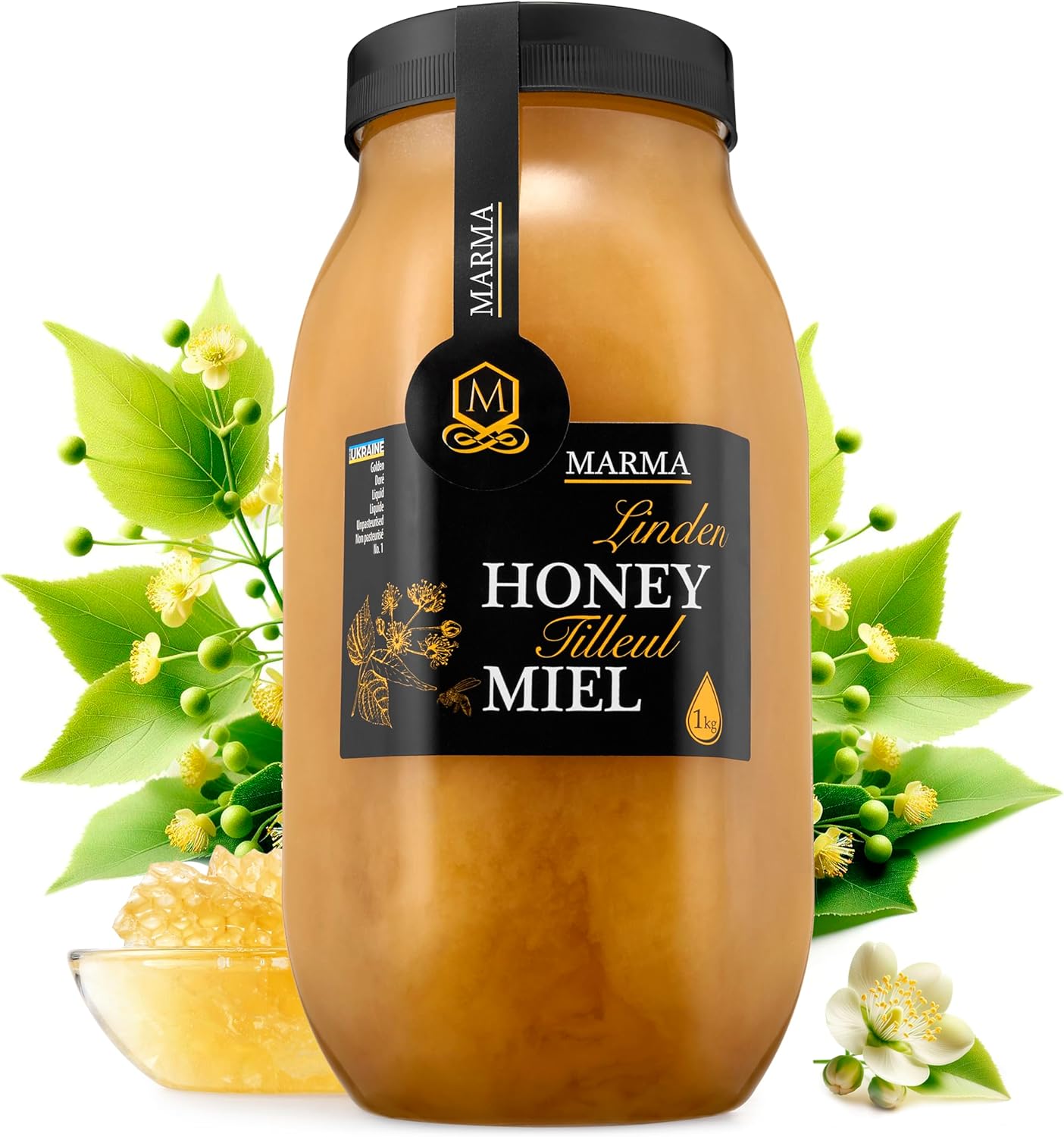 HONIGMA® Marma Linden Honey | Authentic Raw Honey from Ukraine | 100% Pure, Unpasteurized & Fully Crystallized | 1000g/35.2oz | Naturally Solid Texture | Pack of 1