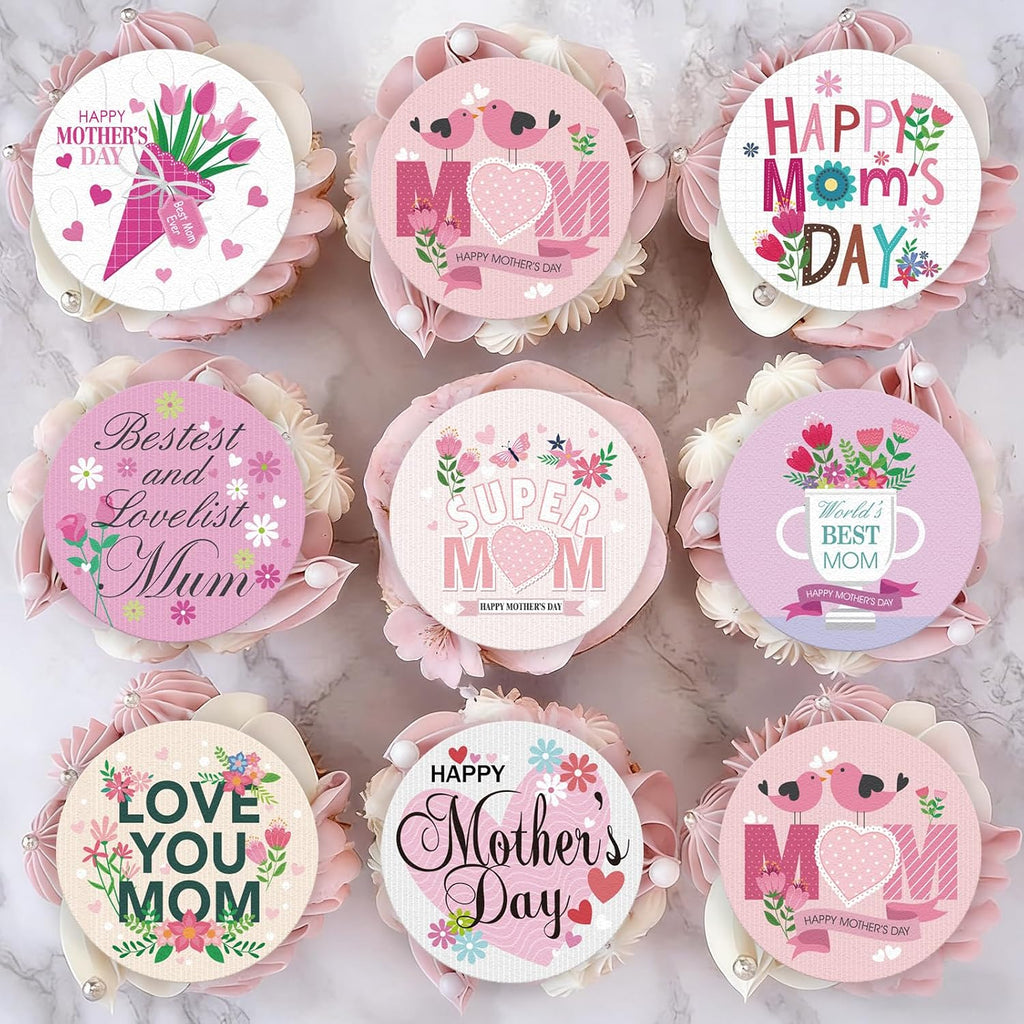 36pcs Edible Happy Mother's Day Cupcake Toppers Pink Wafer Paper Love Mom Thank You Mom Cupcake Picks Edible Flower Mother’s Day Cake Toppers for Best Mom Mother's Day Theme Party Supplies