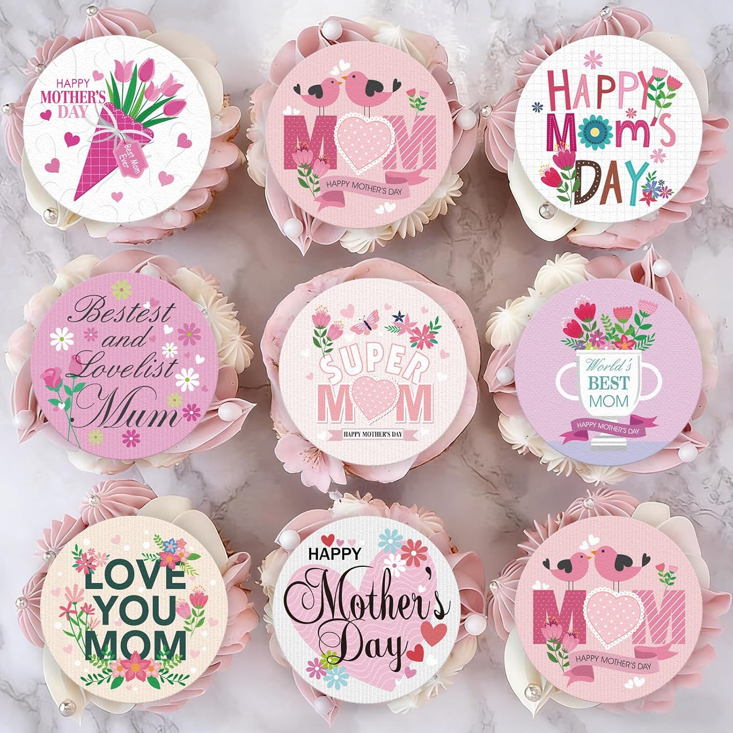 36pcs Edible Happy Mother's Day Cupcake Toppers Pink Wafer Paper Love Mom Thank You Mom Cupcake Picks Edible Flower Mother’s Day Cake Toppers for Best Mom Mother's Day Theme Party Supplies