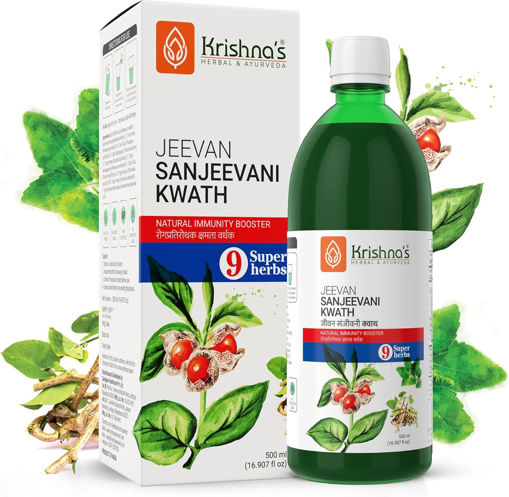 KRISHNA'S HERBAL & AYURVEDA Jeevan Sanjeevani Kwath - 500 ml Enriched with Aloe Vera, Amla, Giloy, Tulsi, Ashwagandha, and 4 More Herbs Natural Immunity Booster 500 ml (Pack of 1) Multicolour