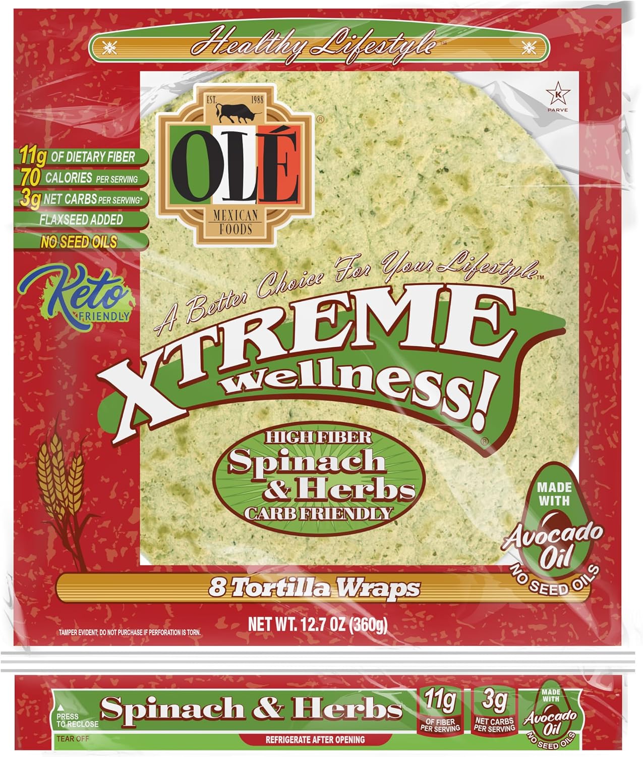 Olé Xtreme Wellness® Spinach & Herbs | 8" Size Flour Tortillas |Carb Friendly |Keto Friendly| 8 Count (Pack of 4)