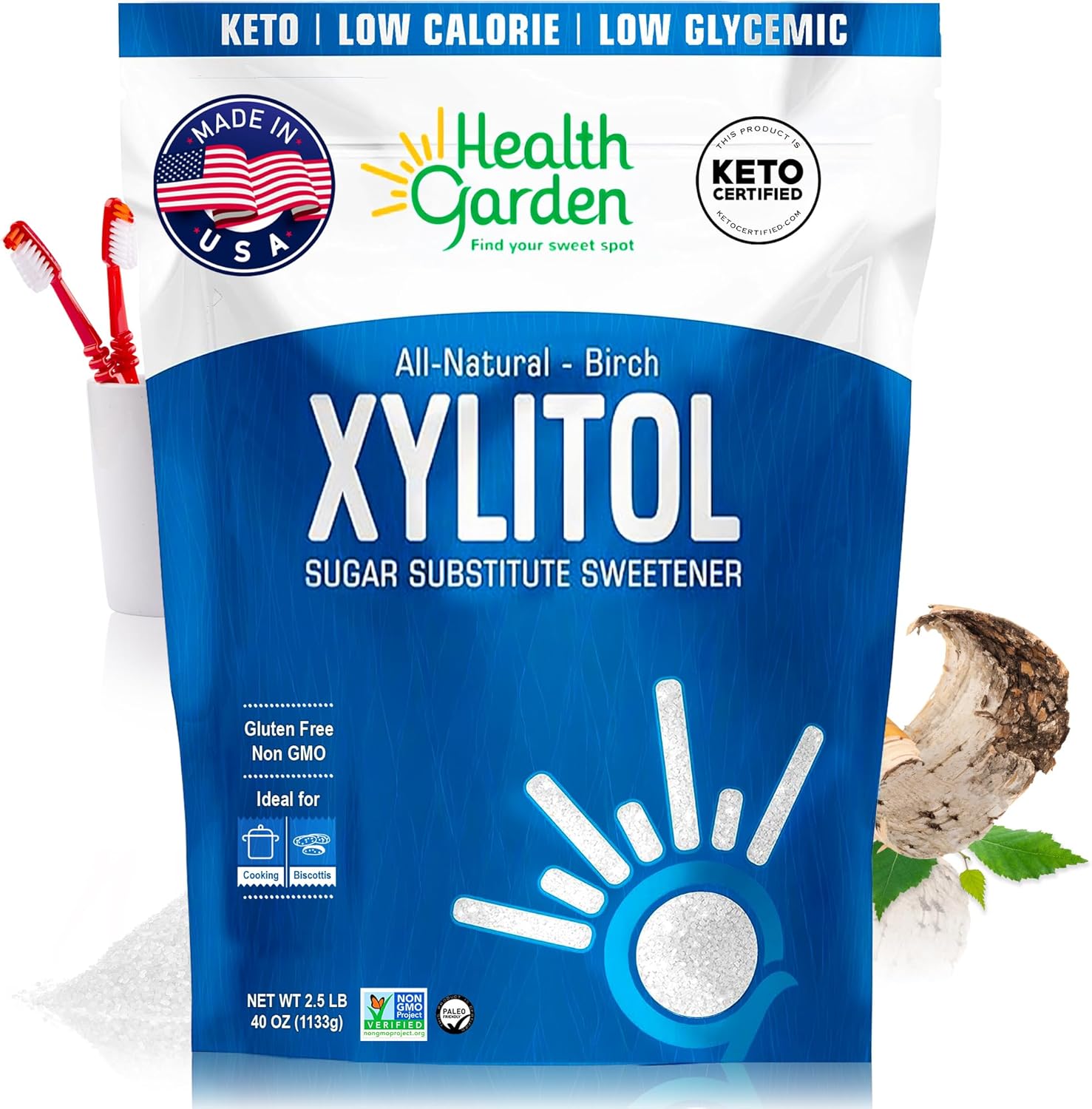 Health Garden Birch Xylitol Sweetener, 40 oz Bag – 100% Birch-Derived Xylitol Sugar Substitute for Baking & Coffee, 1:1 Sugar Replacement, Supports Teeth, Keto, Vegan, Non-GMO