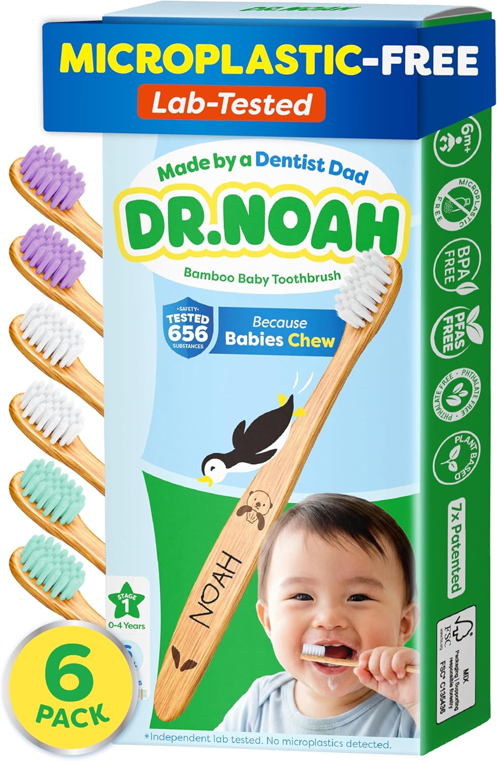 Dr. Noah Microplastic-Free Bamboo Baby Toothbrush | Dentist Designed | 656 Substances Safety Tested | BPA, PFAS & Phthalate Free | 6-Pack | Soft Bristles | Infant to Toddler, 6-12 Months, Age 2-4 Kids