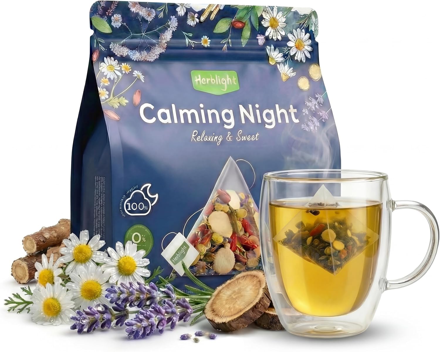 Herblight Bedtime Tea with Valerian Root & Ashwagandha - Caffeine-Free Night Time Herbal Blend for Deep Relaxation - Premium Whole Leaf Sleep Tea (15 Pyramid Bags)