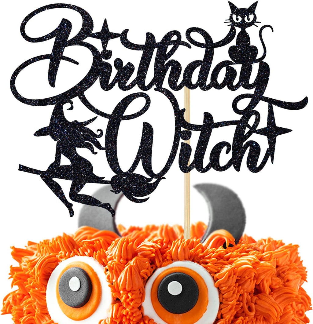 Black Glitter Birthday Witch Cake Topper, Halloween Witch Spider Spooky Cake Decor, Halloween Themed Birthday Party Decorations for Girls Women
