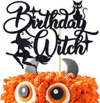 Black Glitter Birthday Witch Cake Topper, Halloween Witch Spider Spooky Cake Decor, Halloween Themed Birthday Party Decorations for Girls Women