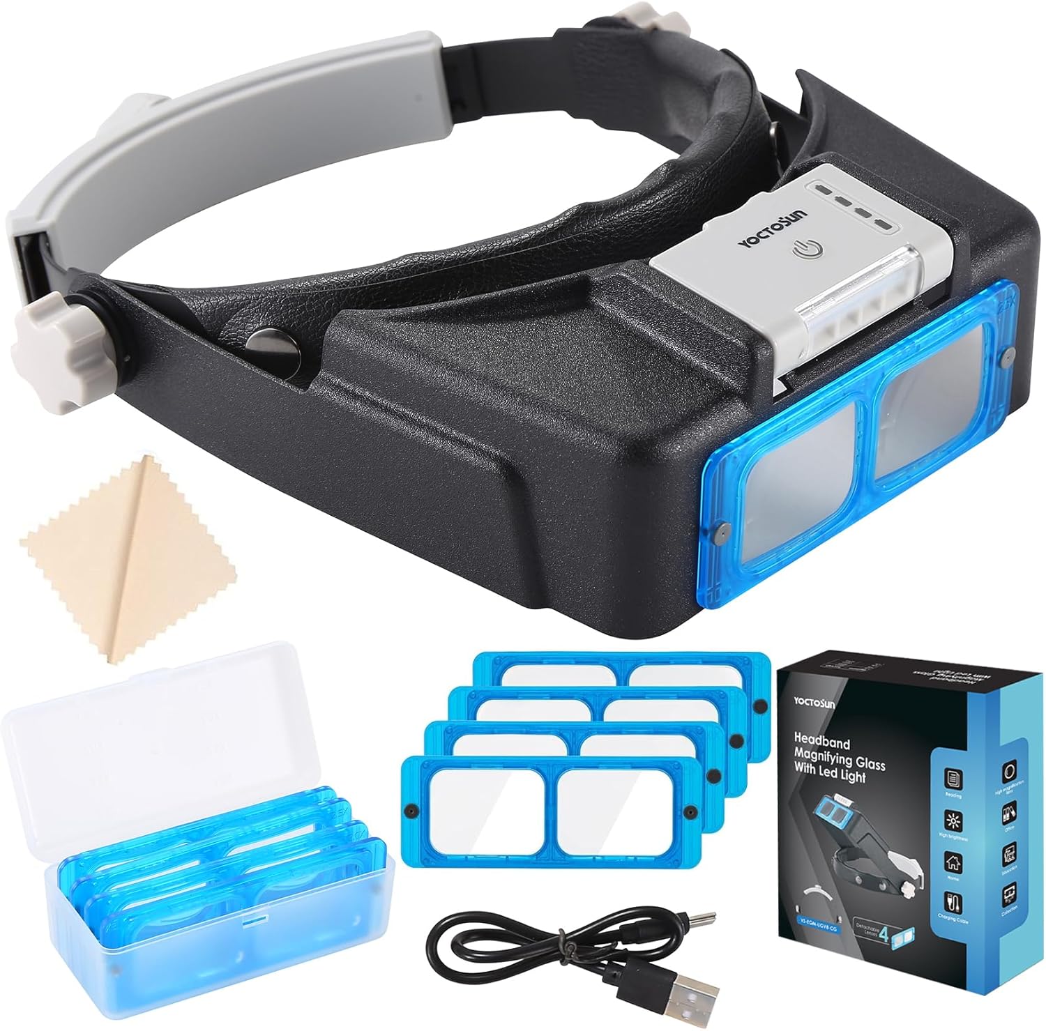 YOCTOSUN Magnifying Glasses with Light for Close Work, Rechargeable Headband Magnifier with 4 Lenses 1.5X-3.5X, Hands Free Magnifying Glass Visor for Jewelers, Crafts, Hobby