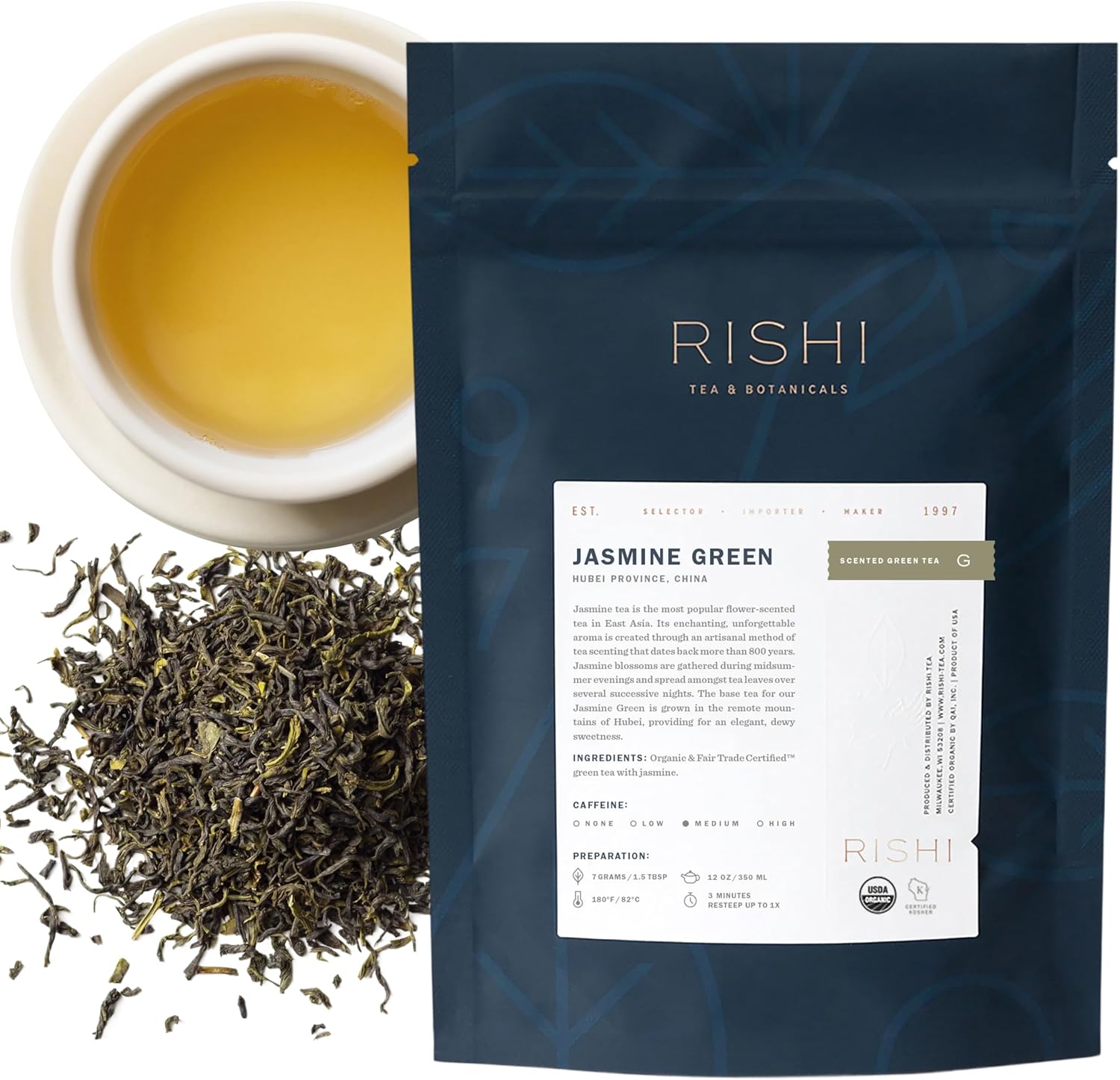 Rishi Tea Jasmine Green Tea - Organic Loose Leaf Tea, Caffeinated Scented Chinese Green Tea with Floral Aroma & Taste - 4 Ounces, 16+ Servings