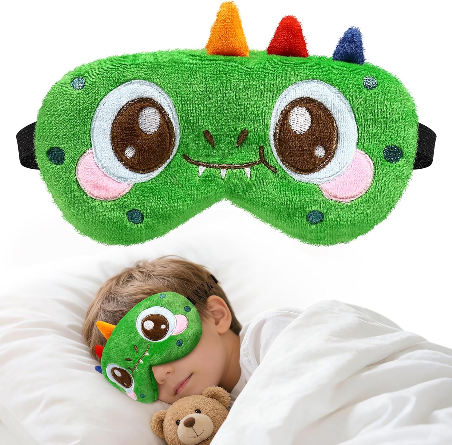 Sleep Mask for Kids, Cute Cartoon Plush Sleeping Eye Cover Green Kawaii Soft Eye Mark with Adjustable Strap Fuffy Animal Eye Blindfold for Kids Boys Girls Teens, Kids Travel Nap Sleeping Mask
